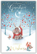Christmas Card To Grandson Large Cute Bunny Snow Scene 15x23cm