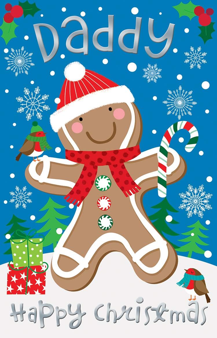 Daddy Christmas Card Cute Gingerbread Man Robin & Presents Design Lovely Verse
