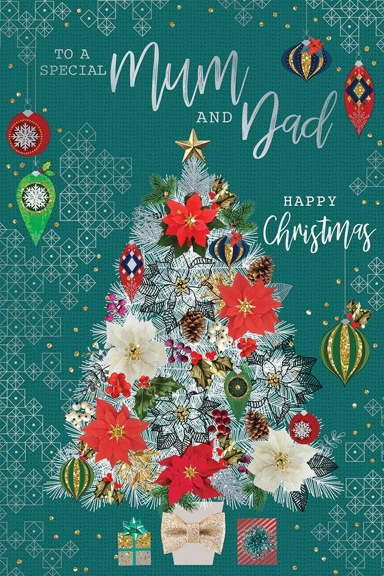 Mum & Dad Christmas Card Poinsettia Tree Design Lovely Verse