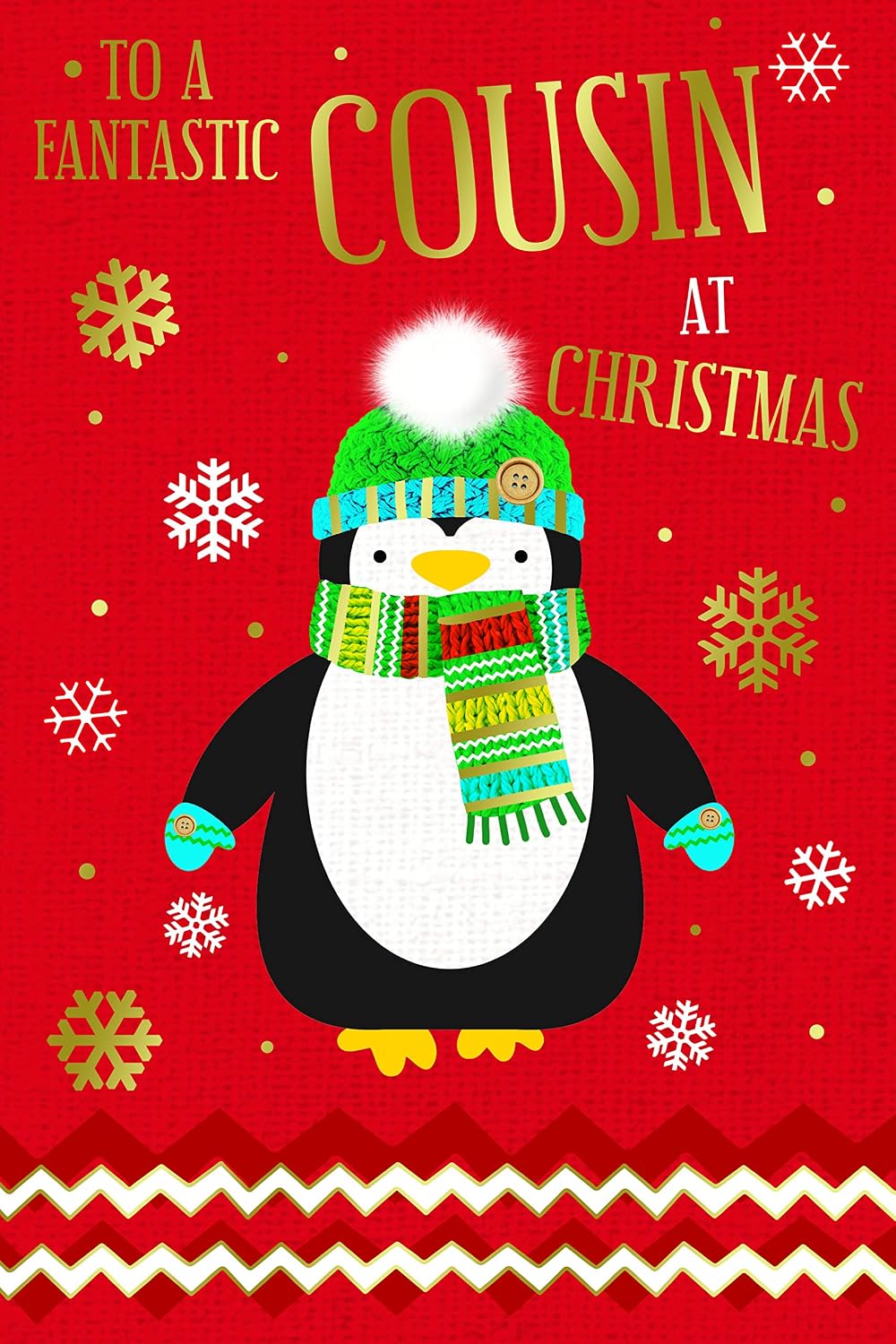 Cousin Christmas Card Cute Penguin Hat Scarf & Snowflake Design Lovely Verse