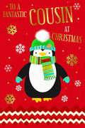 Cousin Christmas Card Cute Penguin Hat Scarf & Snowflake Design Lovely Verse