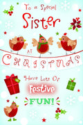 Special Sister Christmas Card Cute Robins Presents & Holly Design Lovely Verse