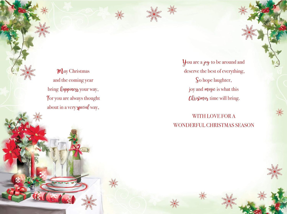 Partner Christmas Card Champagne Table Candles Gifts & Holly Design Lovely Verse