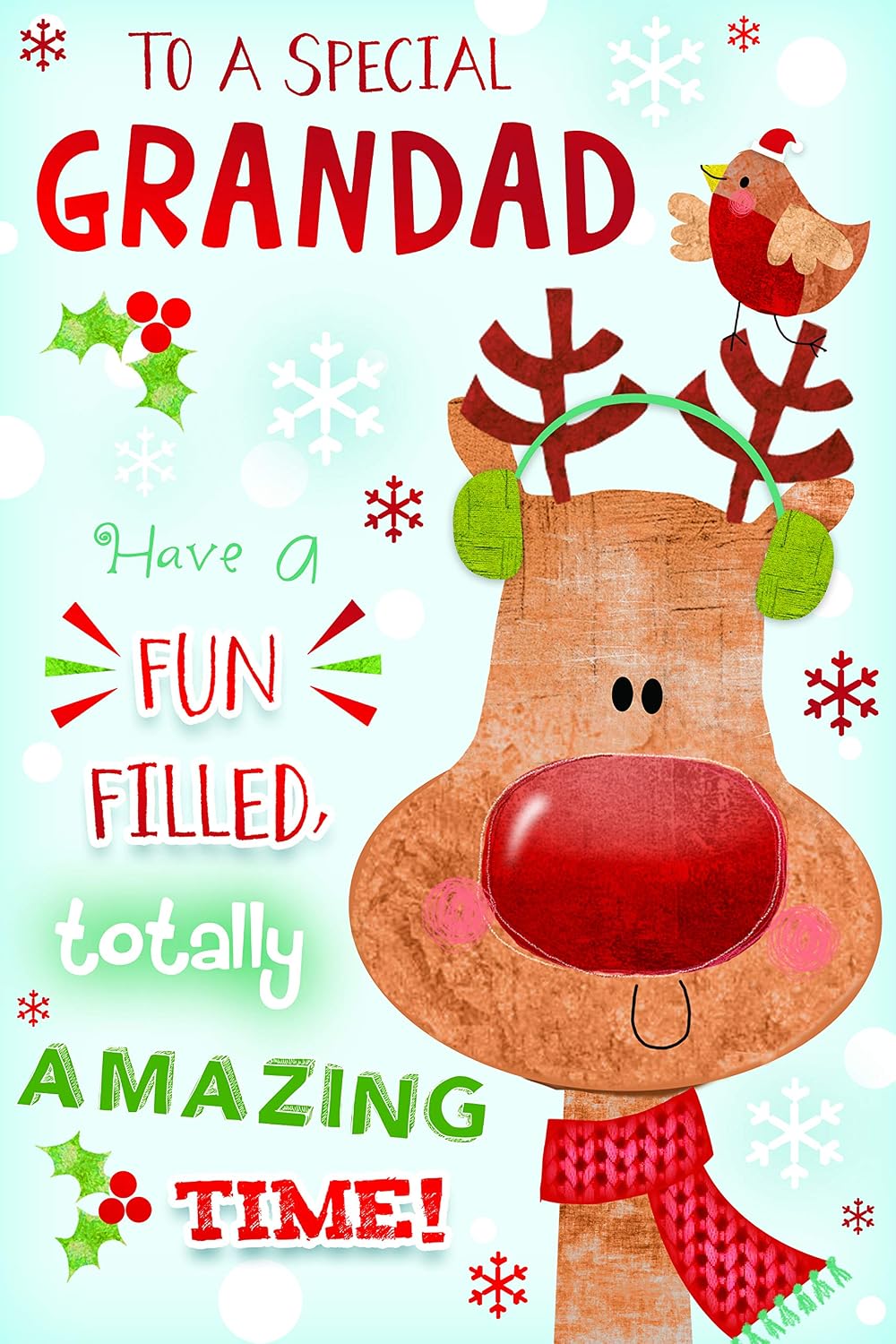 Grandad Christmas Card Cute Reindeer Ear Muff & Robin Design Lovely Verse