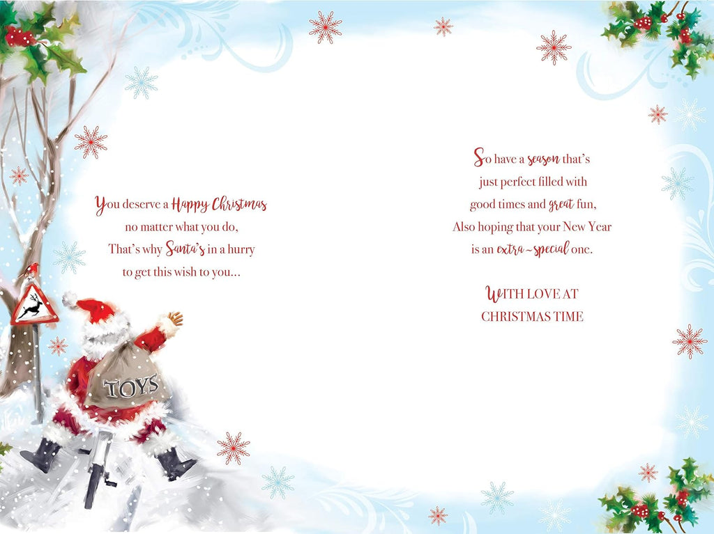 Friend Christmas Card Santa Cycling Sack Of Toys & Holly Design Lovely Verse