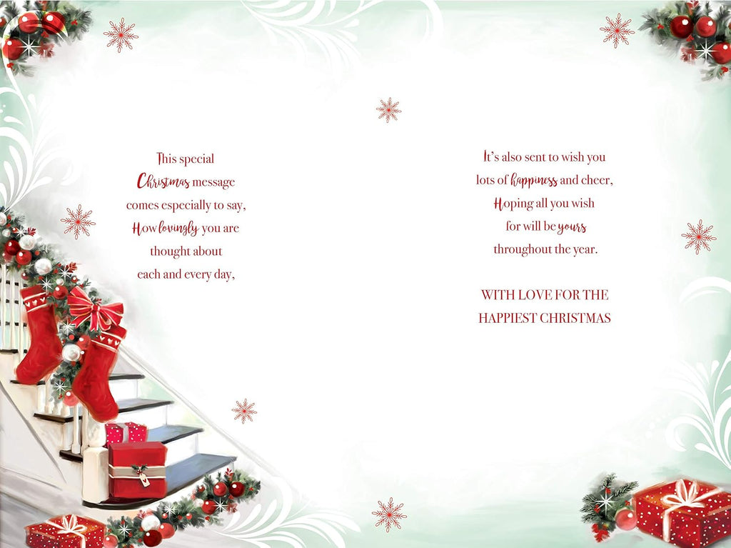 Mum & Dad Christmas Card Stairs Stockings Bauble Presents Design Lovely Verse