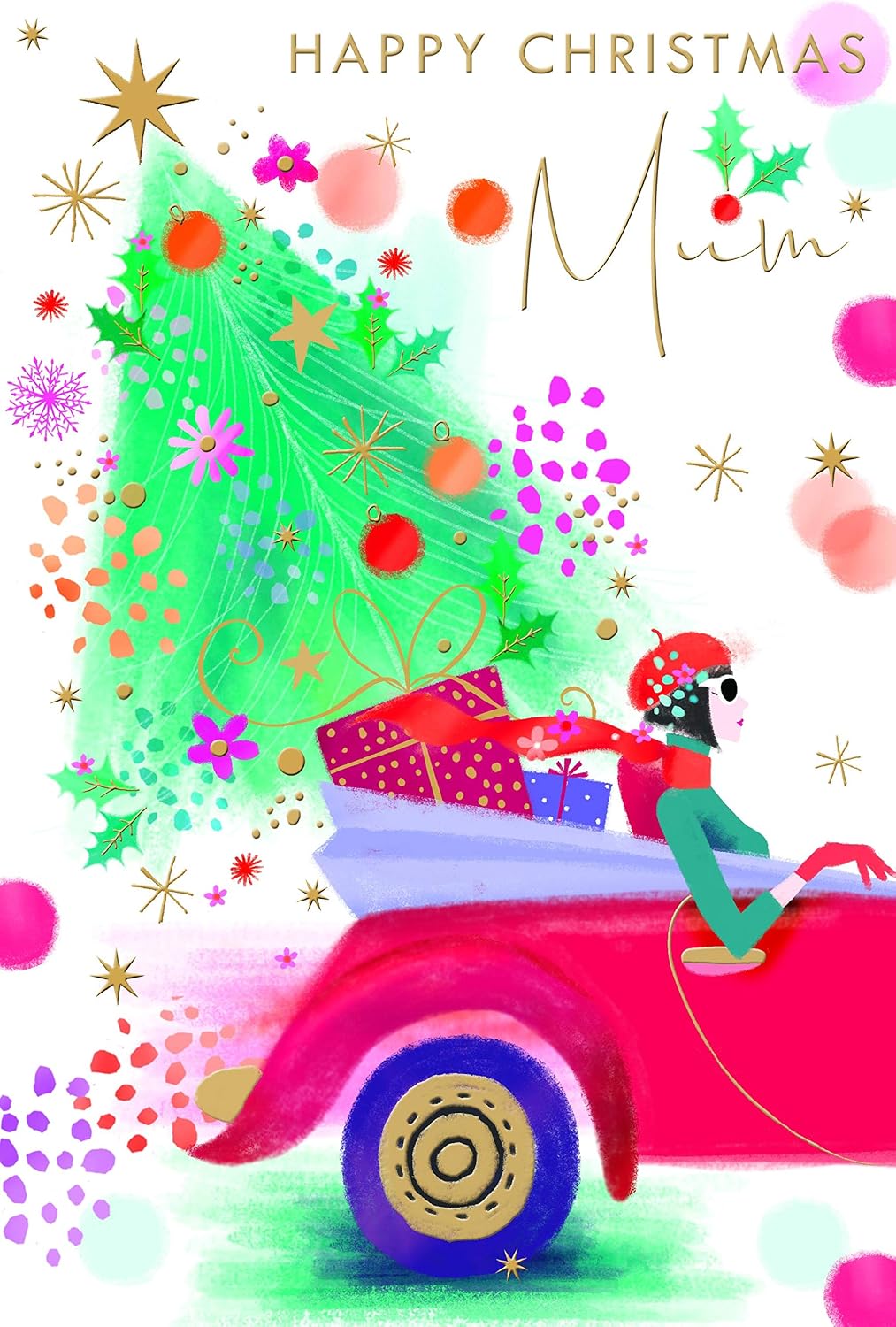Mum Christmas Card Lady Car Christmas Tree & Bauble Design Lovely Verse