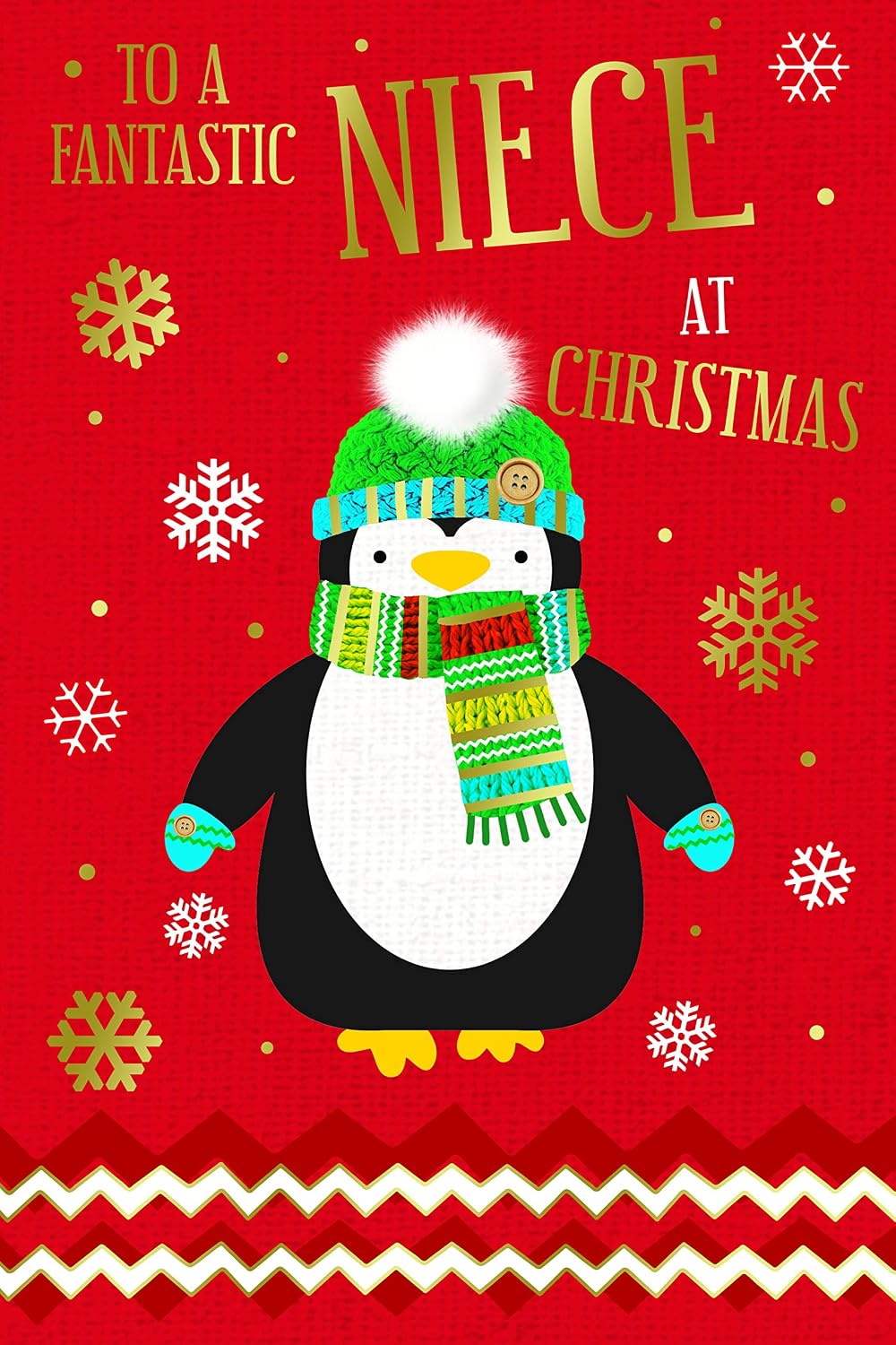 Niece Christmas Card Cute Penguin Hat Scarf & Snowflake Design Lovely Verse