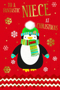 Niece Christmas Card Cute Penguin Hat Scarf & Snowflake Design Lovely Verse