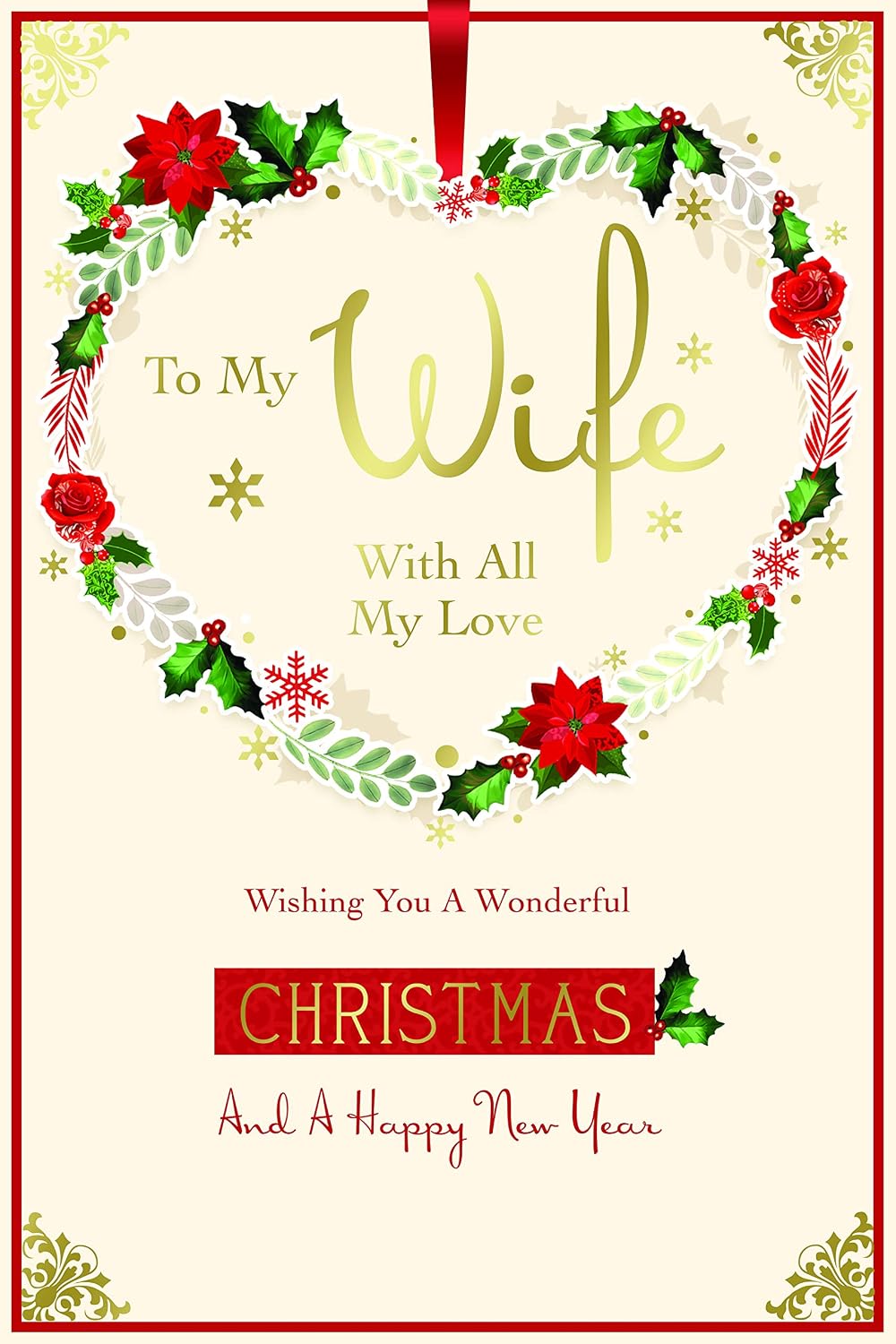 Wife Christmas Card Ribbon Poinsettia & Holly Wreath Design  Lovely Verse