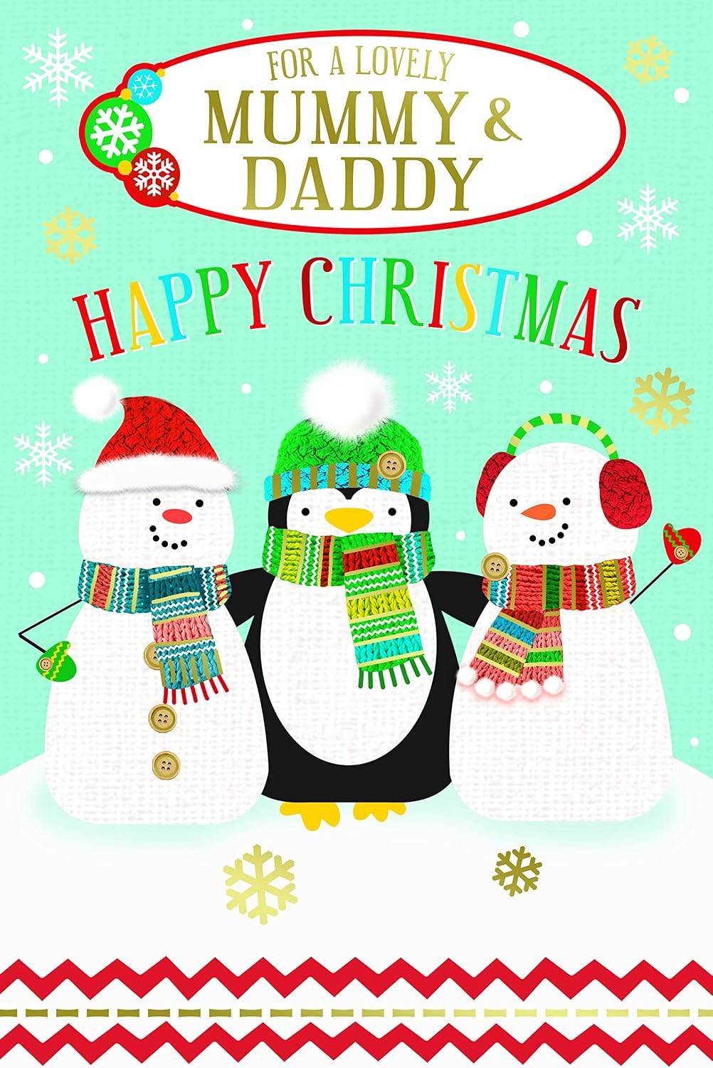 Mummy & Daddy Christmas Card Snowmen Scarf Snowflake Design Lovely Verse