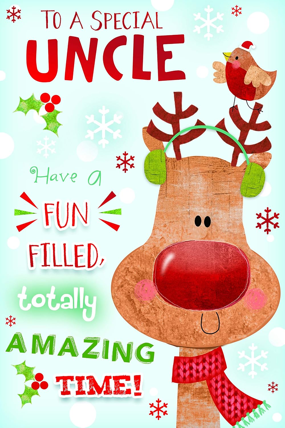 Special Uncle Christmas Card Cute Reindeer Ear Muff & Robin Design Lovely Verse