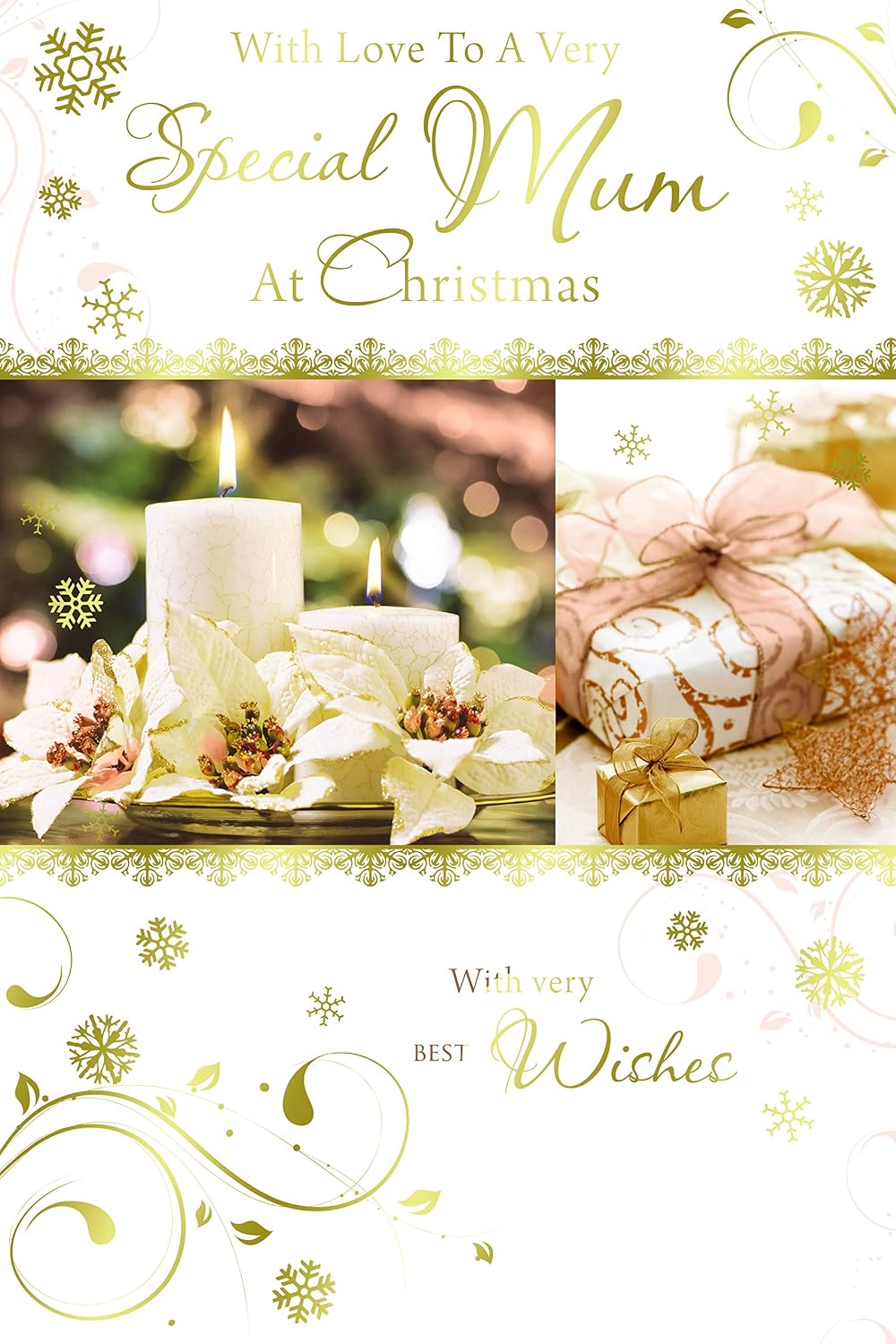 Mum Christmas Card Candles Flowers Present & Snowflake Design Lovely Verse