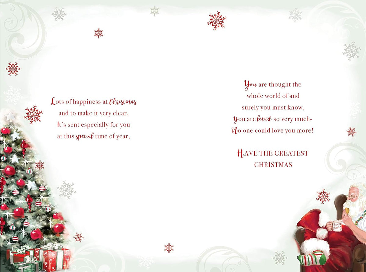 Grandad Christmas Card Santa Relaxing With Tea & Tree Design Lovely Verse