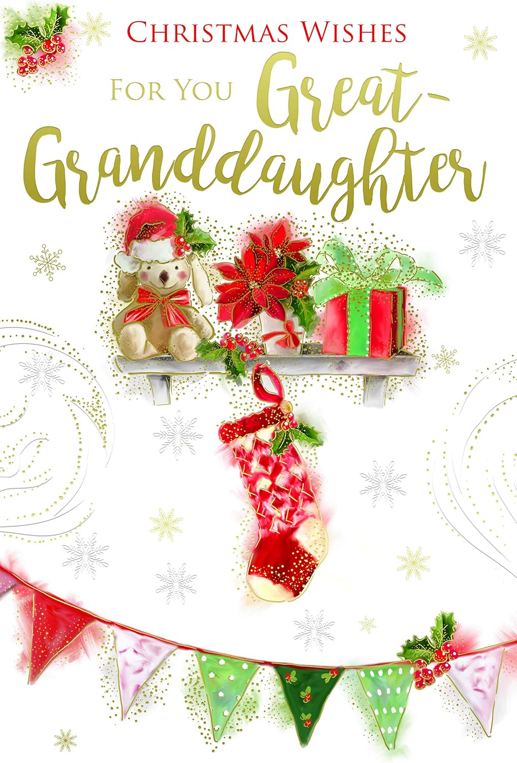 Great Granddaughter Christmas Card Bear Presents & Bunting Design Lovely Verse