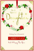 Daughter Christmas Card Ribbon Poinsettia & Holly Wreath Design Lovely Verse