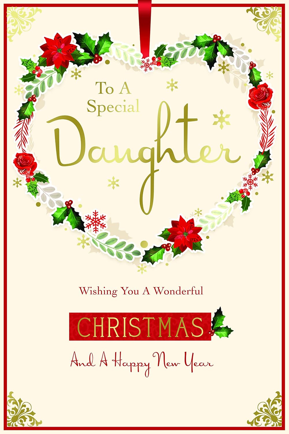 Daughter Christmas Card Ribbon Poinsettia & Holly Wreath Design Lovely Verse