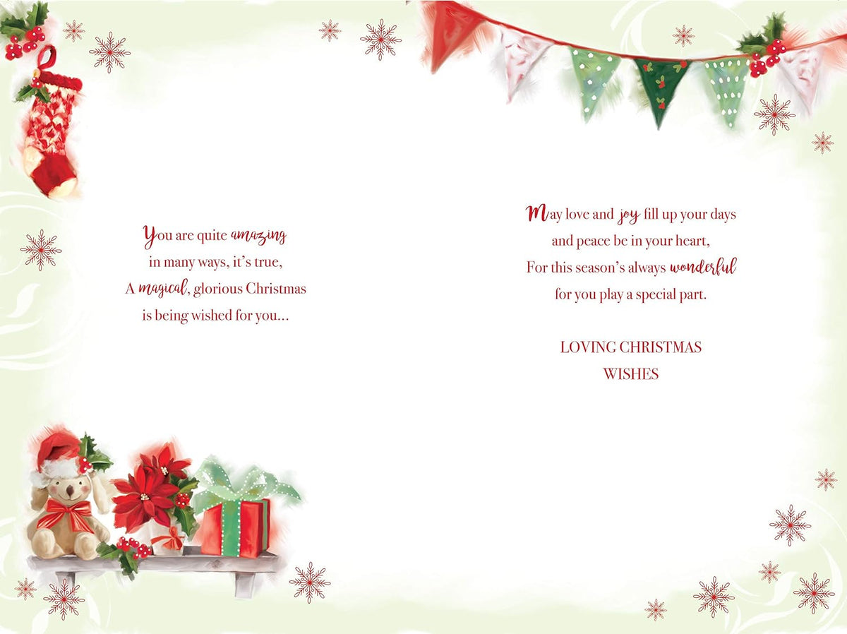 Great Granddaughter Christmas Card Bear Presents & Bunting Design Lovely Verse