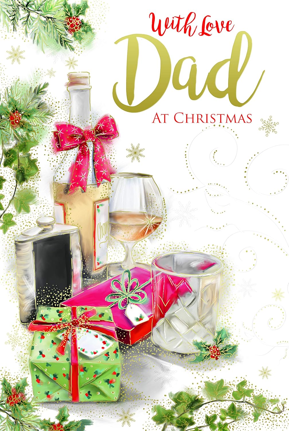 Dad Christmas Card With Love Brandy Hip Flask Gifts & Holly Design Lovely Verse