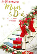 Mum & Dad Christmas Card Stairs Stockings Bauble Presents Design Lovely Verse