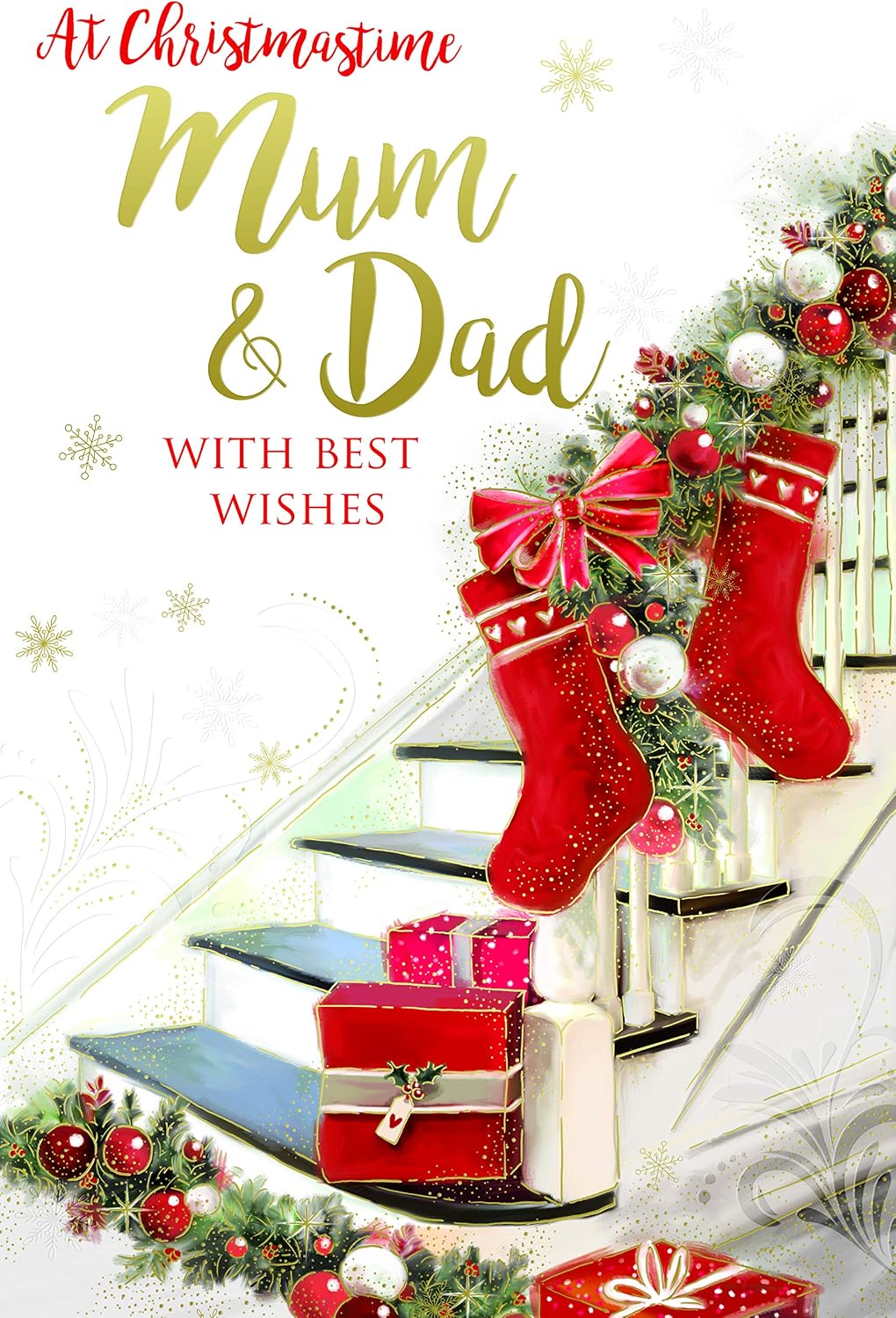 Mum & Dad Christmas Card Stairs Stockings Bauble Presents Design Lovely Verse