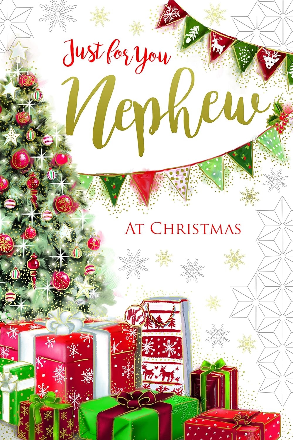 Nephew Christmas Card Presents Tree Snowflake & Bunting Design Lovely Verse