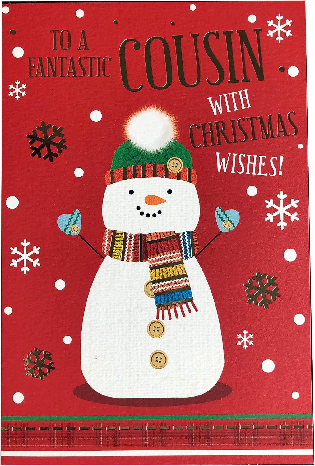 Cousin Christmas Card Cute Snowman Hat Scarf & Snowflake Design Lovely Verse