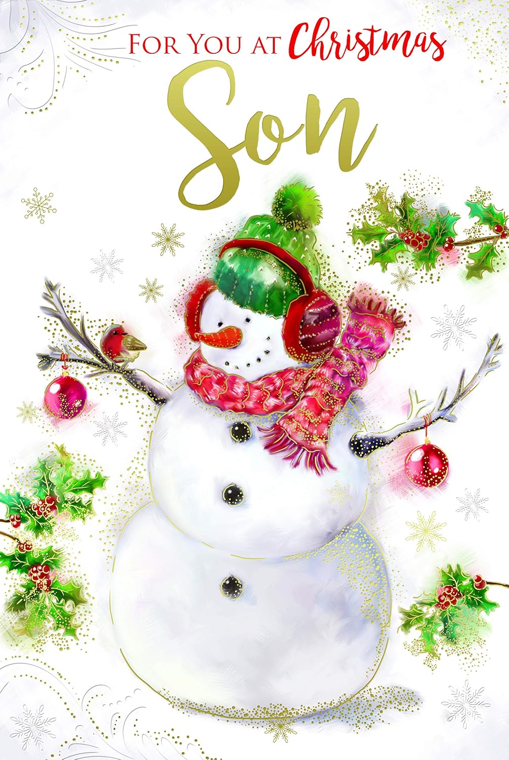 Son Christmas Card Snowman Baubles Robin & Holly Design Lovely Verse