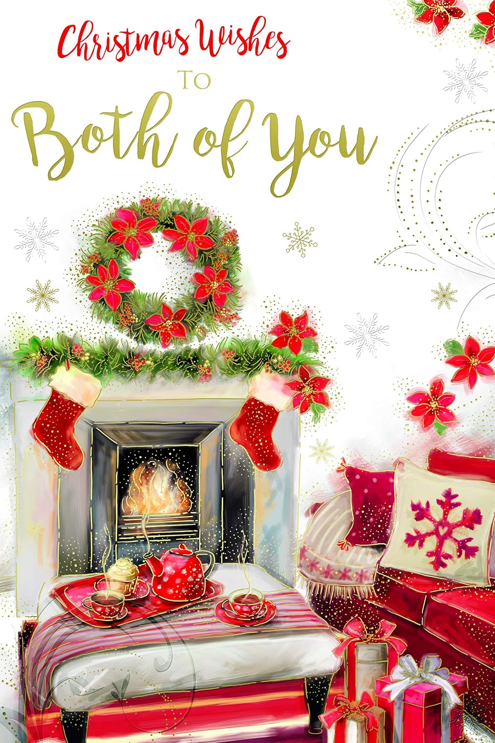 Both Of You Christmas Card Open Fire Mantle Stockings & Tea Design Lovely Verse