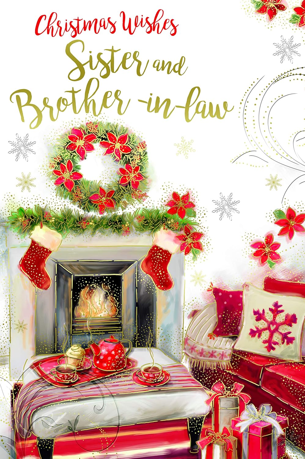 Sister & Brother In Law Christmas Card Open Fire Mantle Tea Design  Lovely Verse