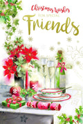 Friends Christmas Card Champagne Table Candles Gifts & Holly Design Lovely Verse