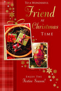 Wonderful Friend Christmas Card Pine Cones Baubles & Gifts Design Lovely Verse