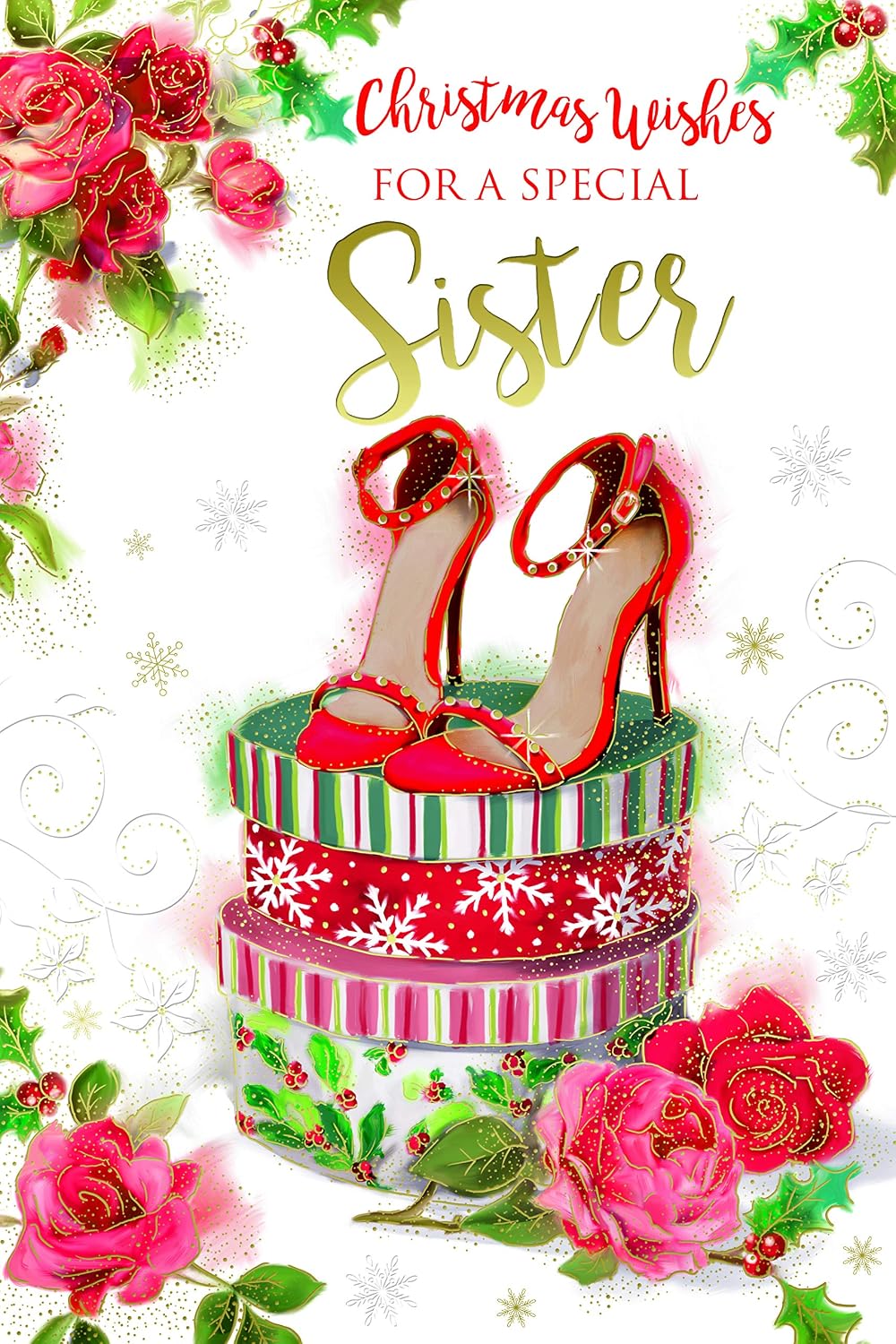 Special Sister Christmas Card Shoes Boxes Flowers & Holly Design Lovely Verse