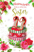 Special Sister Christmas Card Shoes Boxes Flowers & Holly Design Lovely Verse