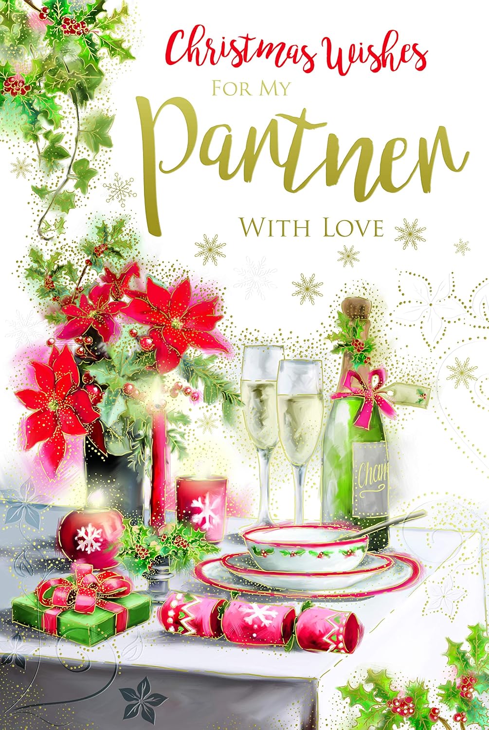 Partner Christmas Card Champagne Table Candles Gifts & Holly Design Lovely Verse