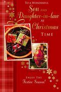 Son & Daughter In Law Christmas Card Pine Cones & Gifts Design Lovely Verse