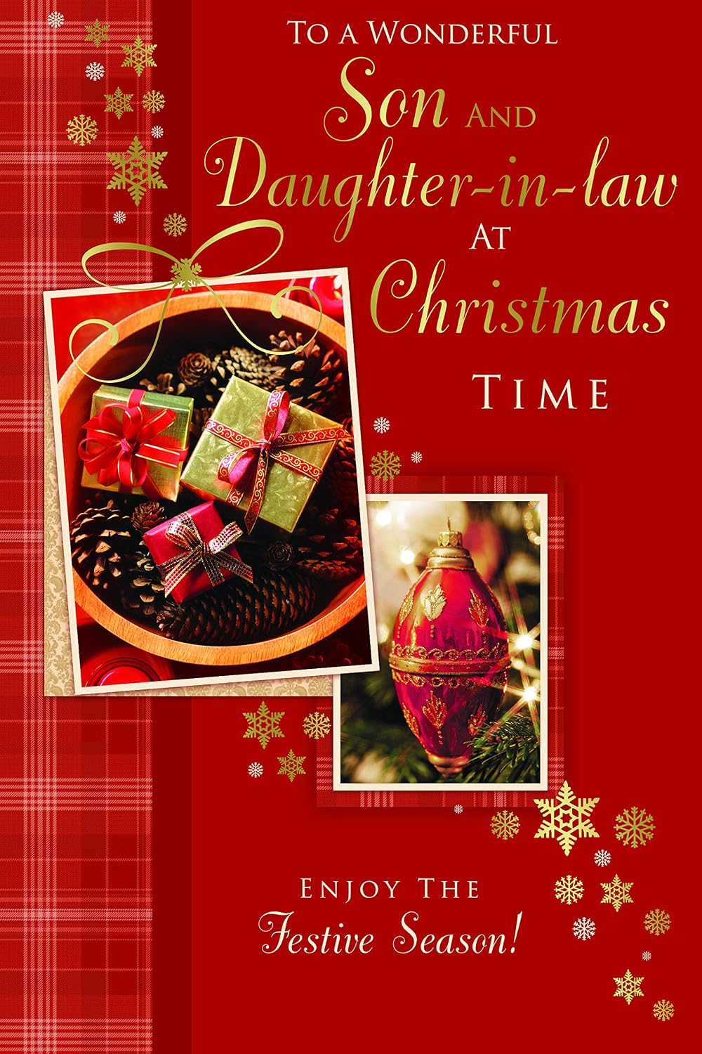 Son & Daughter In Law Christmas Card Pine Cones & Gifts Design Lovely Verse