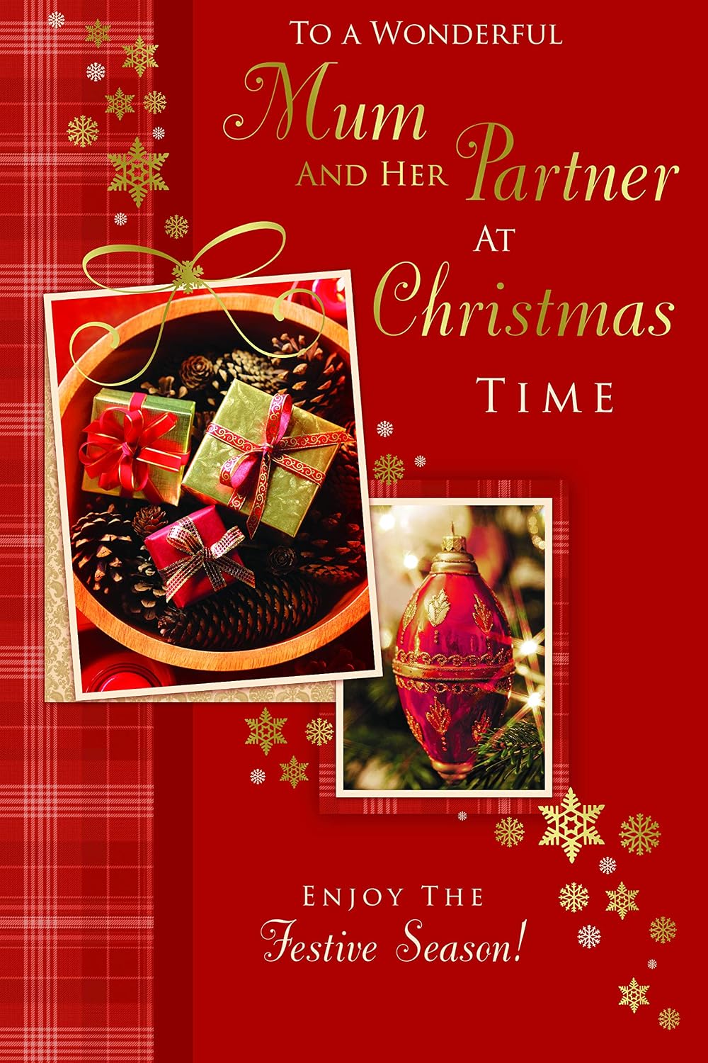 Mum & Partner Christmas Card Pine Cones Baubles & Gifts Design Lovely Verse