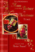 Mum & Partner Christmas Card Pine Cones Baubles & Gifts Design Lovely Verse