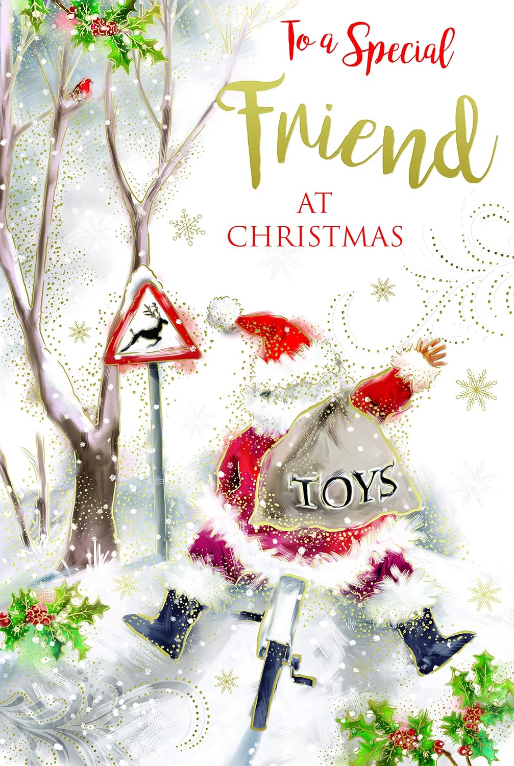 Friend Christmas Card Santa Cycling Sack Of Toys & Holly Design Lovely Verse
