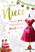 Special Niece Christmas Card Dress Shoes Boxes & Bag Design Lovely Verse