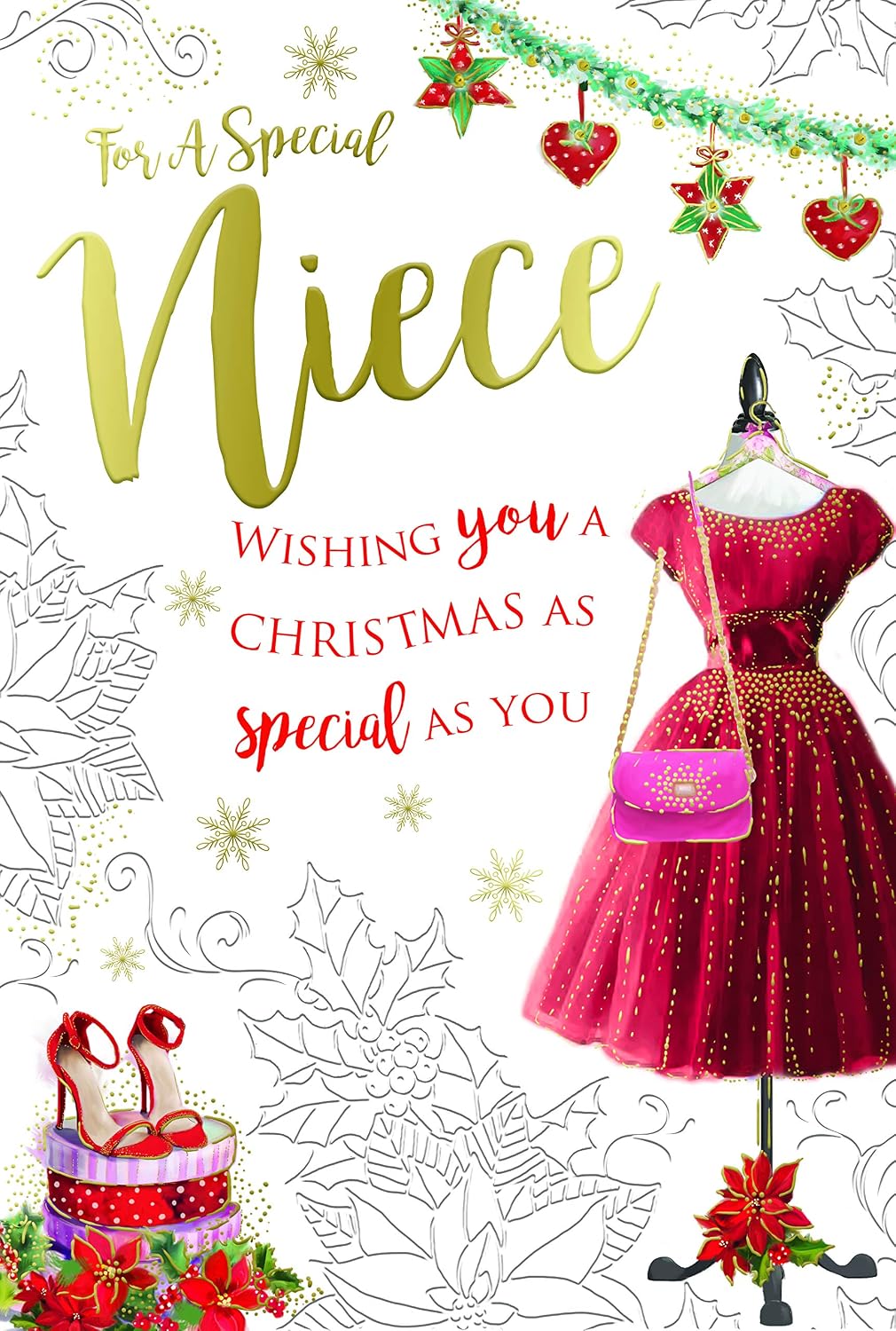 Special Niece Christmas Card Dress Shoes Boxes & Bag Design Lovely Verse
