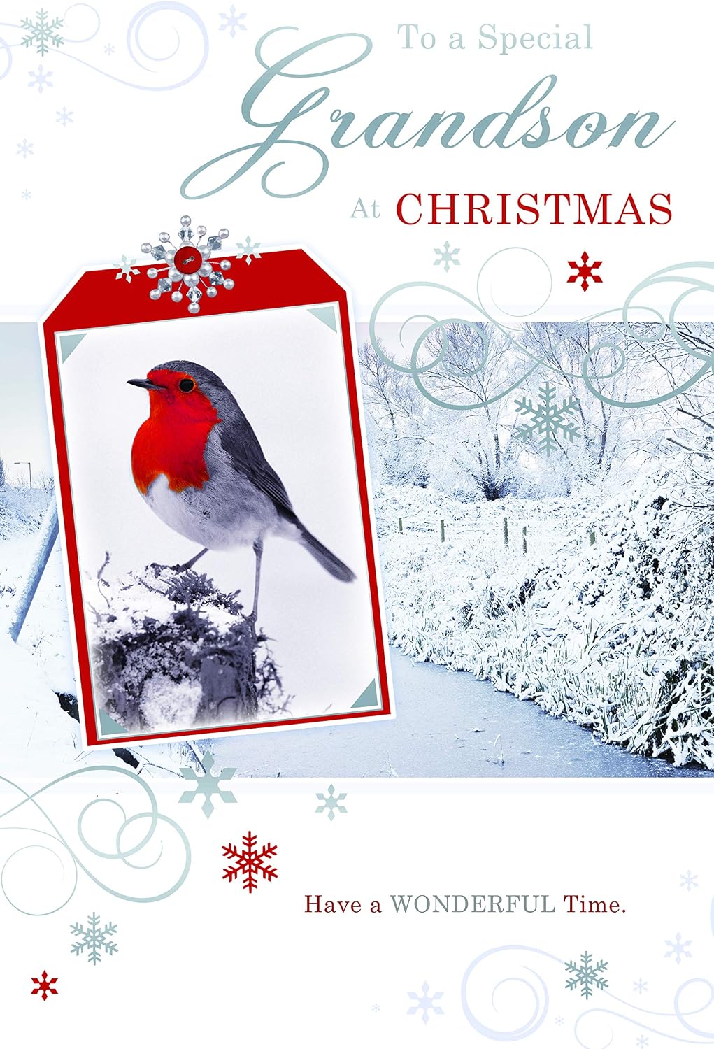Grandson Christmas Card Robin Frozen Stream & Snowflake Design Lovely Verse