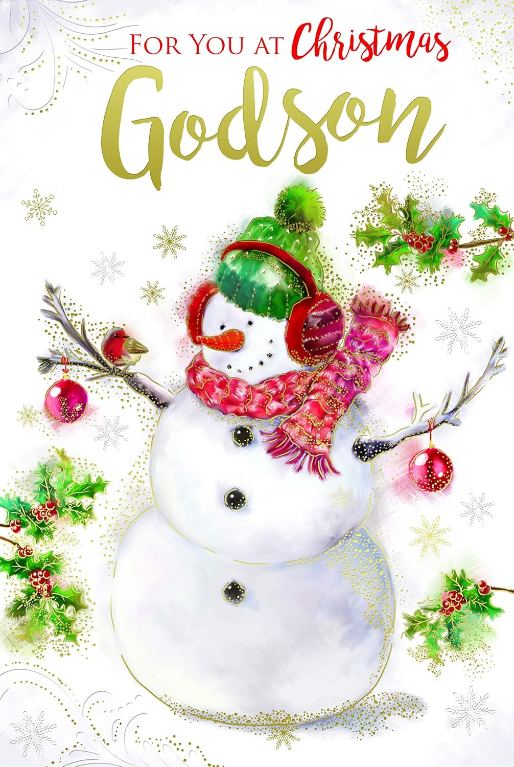 Godson Christmas Card Snowman Bauble Robin & Holly Design Lovely Verse