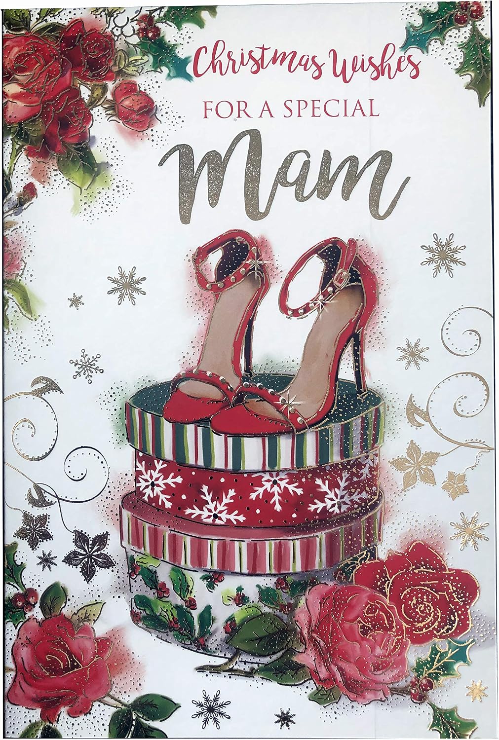 Special Mam Christmas Card Shoes Boxes Flowers & Holly Design Lovely Verse