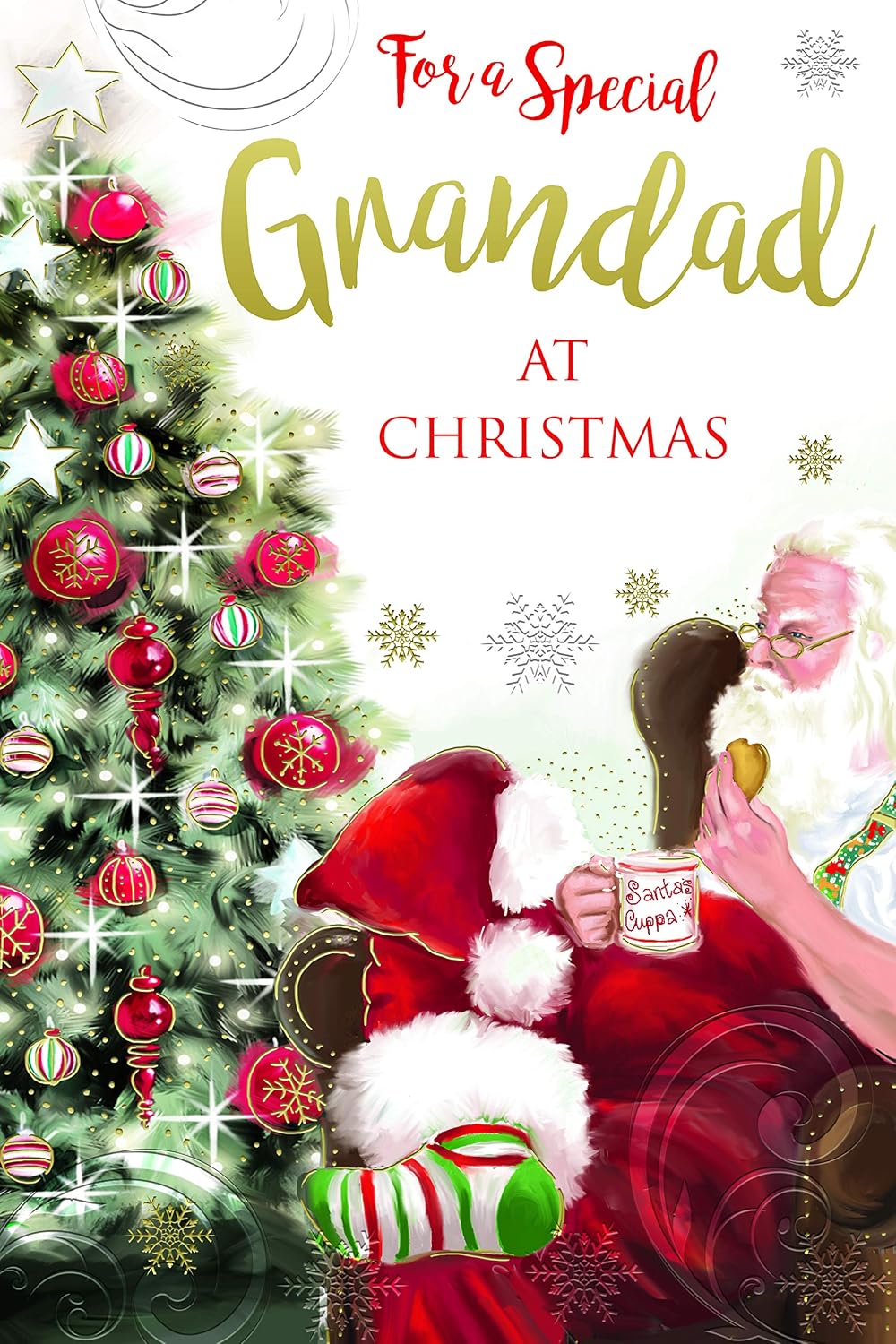 Grandad Christmas Card Santa Relaxing With Tea & Tree Design Lovely Verse