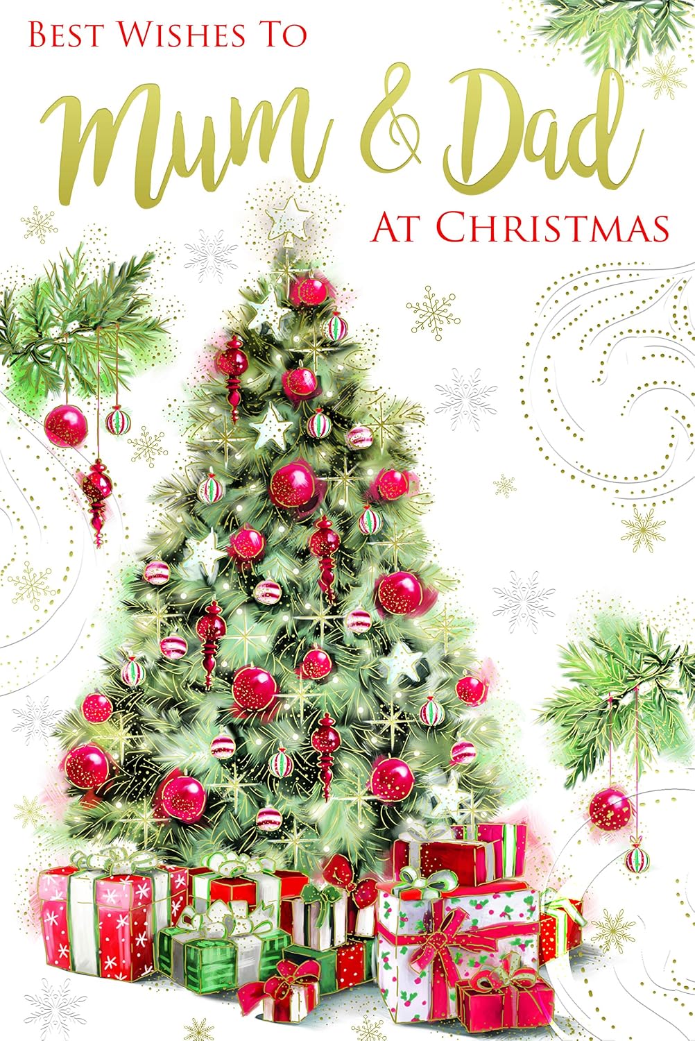 Mum & Dad Christmas Card Tree Presents Baubles & Snowflake Design Lovely Verse