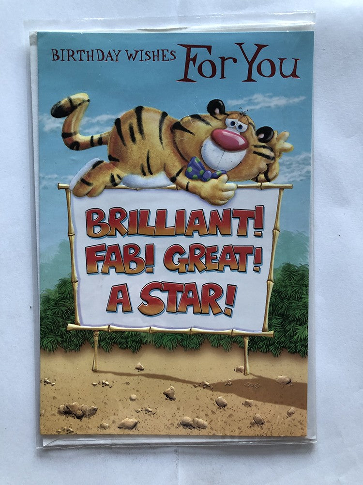 Open Male Happy Birthday Card Tiger Bow Tie Laying on a Brilliant Sign