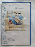 Open Male Happy Birthday Card Cute Dog Presents Sitting On Chair TV Remote