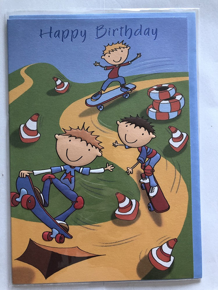 Open Male Happy Birthday Card Noys Skateboarding Race Track Cones Tyres